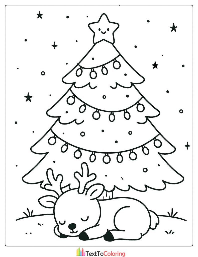 Peaceful Christmas Tree Coloring Page with Sleeping Baby Reindeer