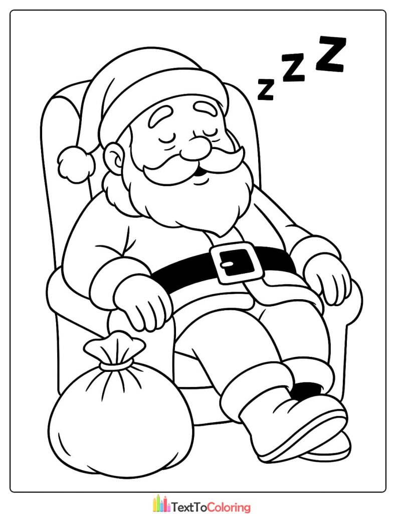 Tired Santa Claus sleeping in a chair next to his sack of presents coloring page