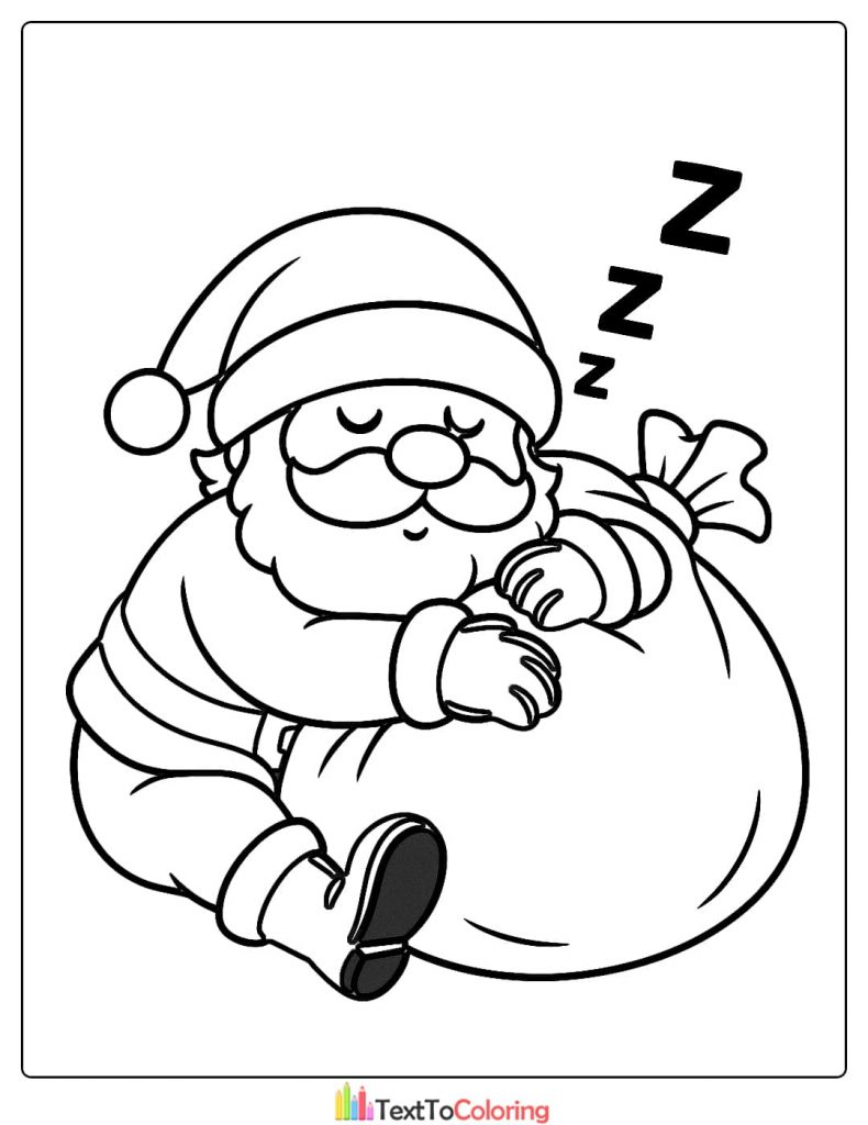 Cute fat Santa Claus taking a nap on his big sack of presents coloring page