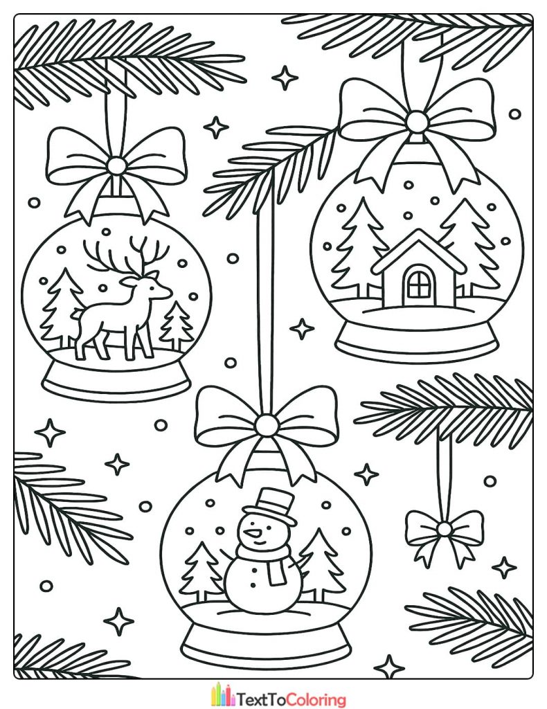 Group of three Christmas Coloring Pages showing snow globe ornaments with a reindeer snowman and winter cabin