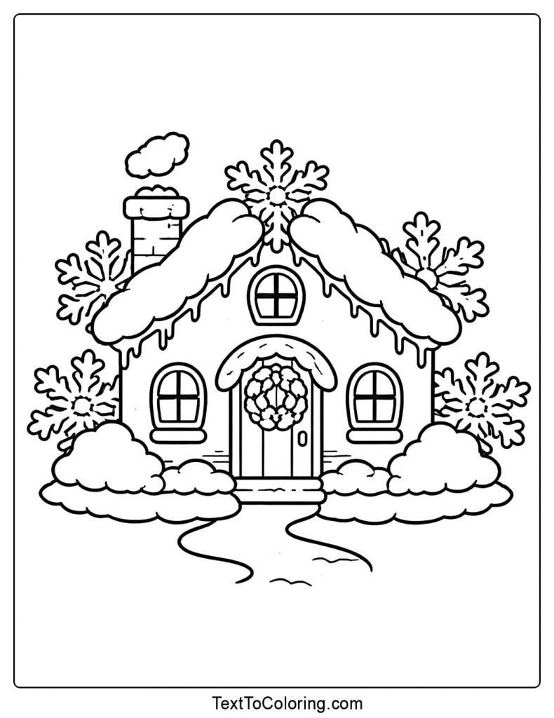 Snowflake Coloring Pages Winter House Scene