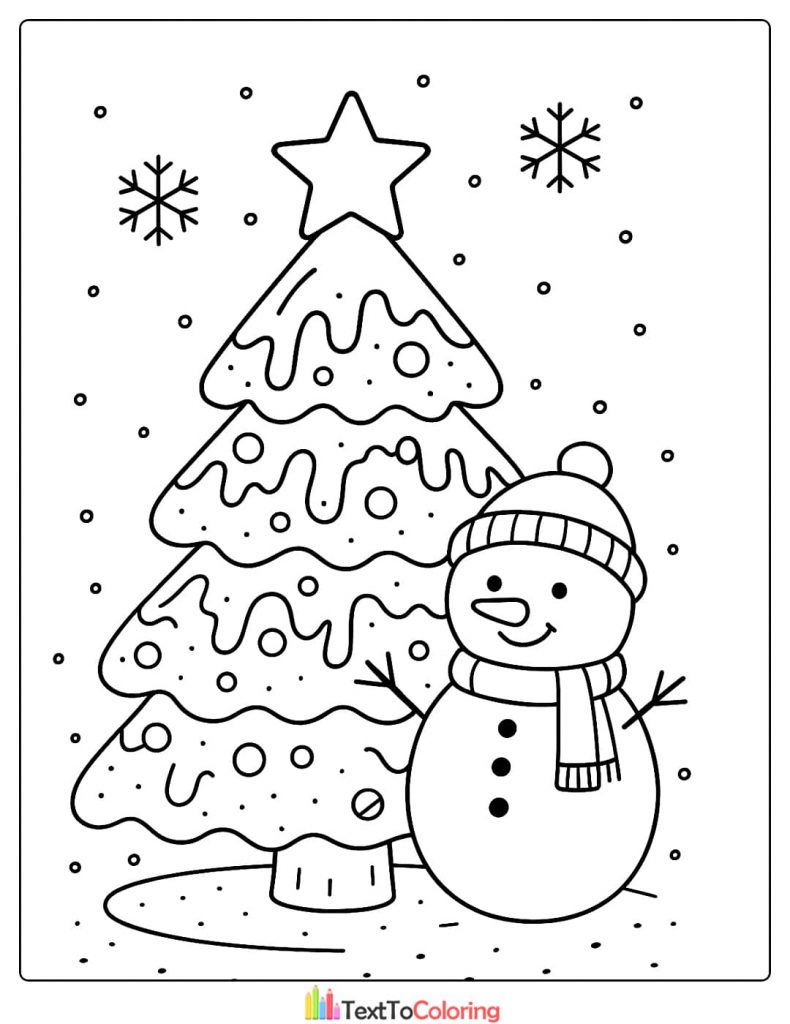 Cheerful Christmas Tree Coloring Page with Snowman and Snow Swirls