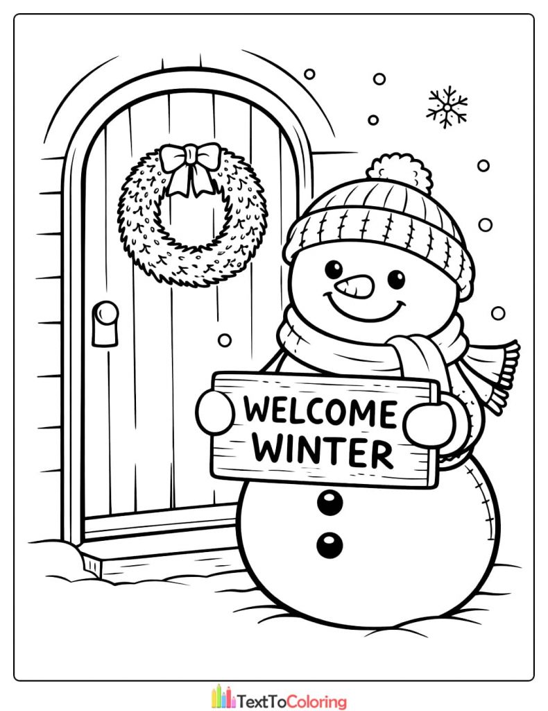 Snowman welcome winter coloring page