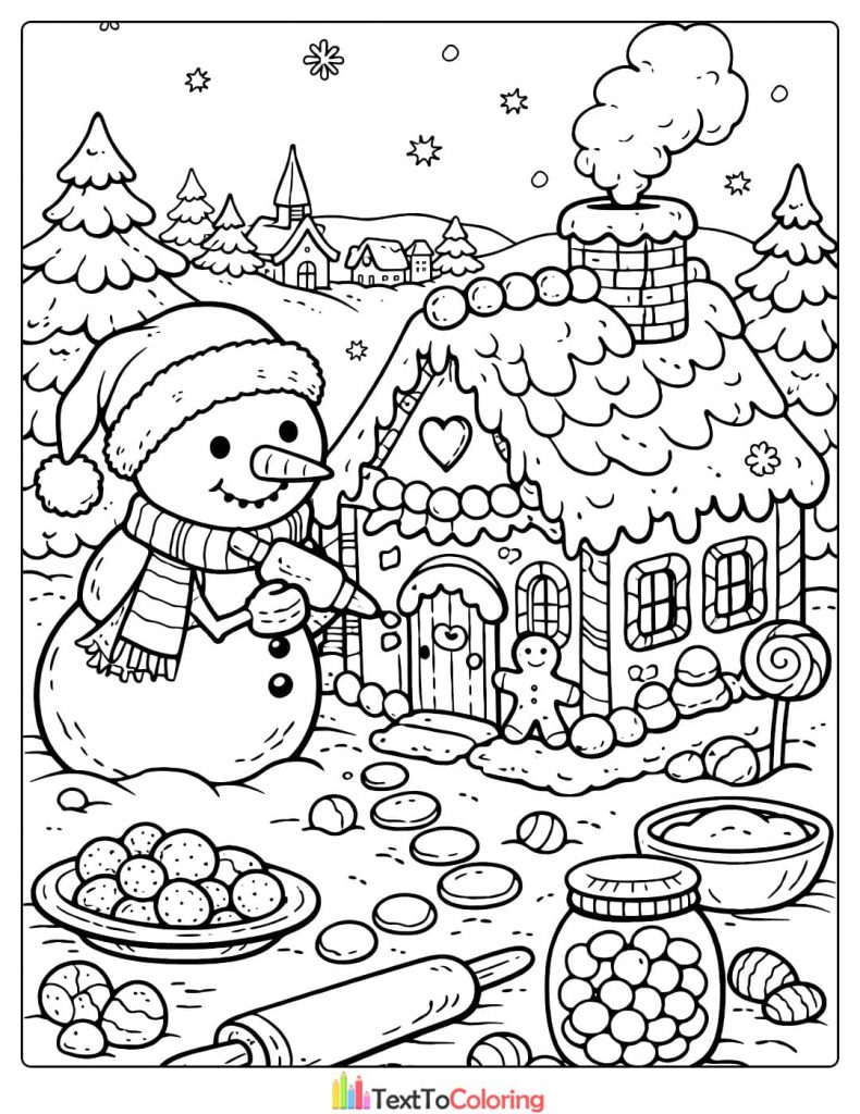 Snowman gingerbread house coloring page