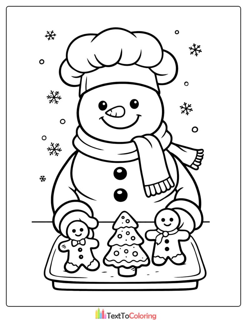 Snowman coloring page with chef hat and cookies