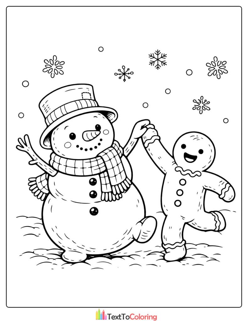 Snowman gingerbread dancing coloring page