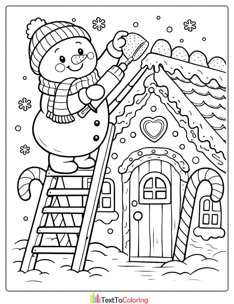 Snowman decorating gingerbread house coloring page