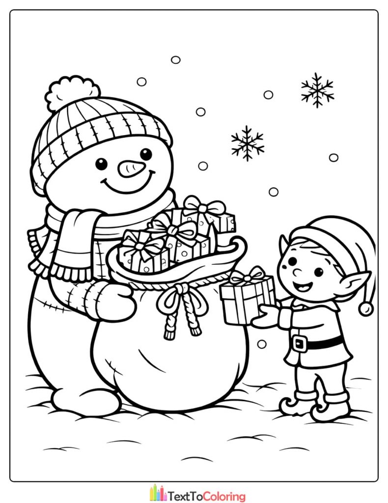 Snowman elf gift coloring page