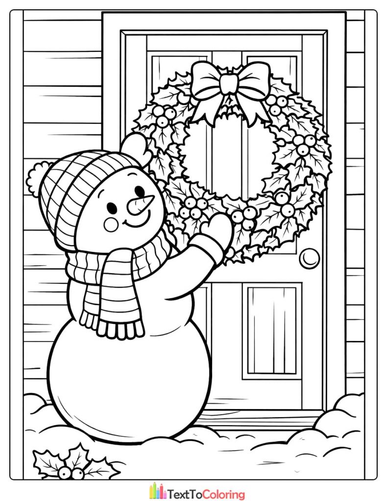 Snowman hanging wreath coloring page