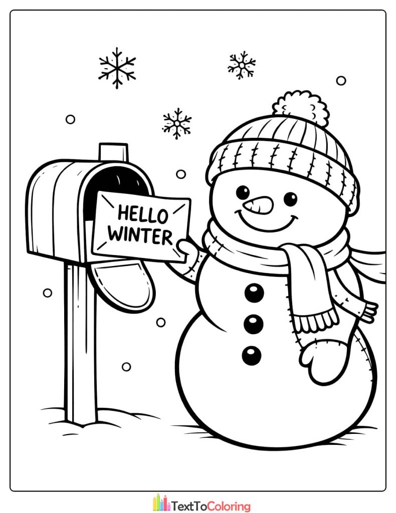 Snowman coloring page hello winter sign