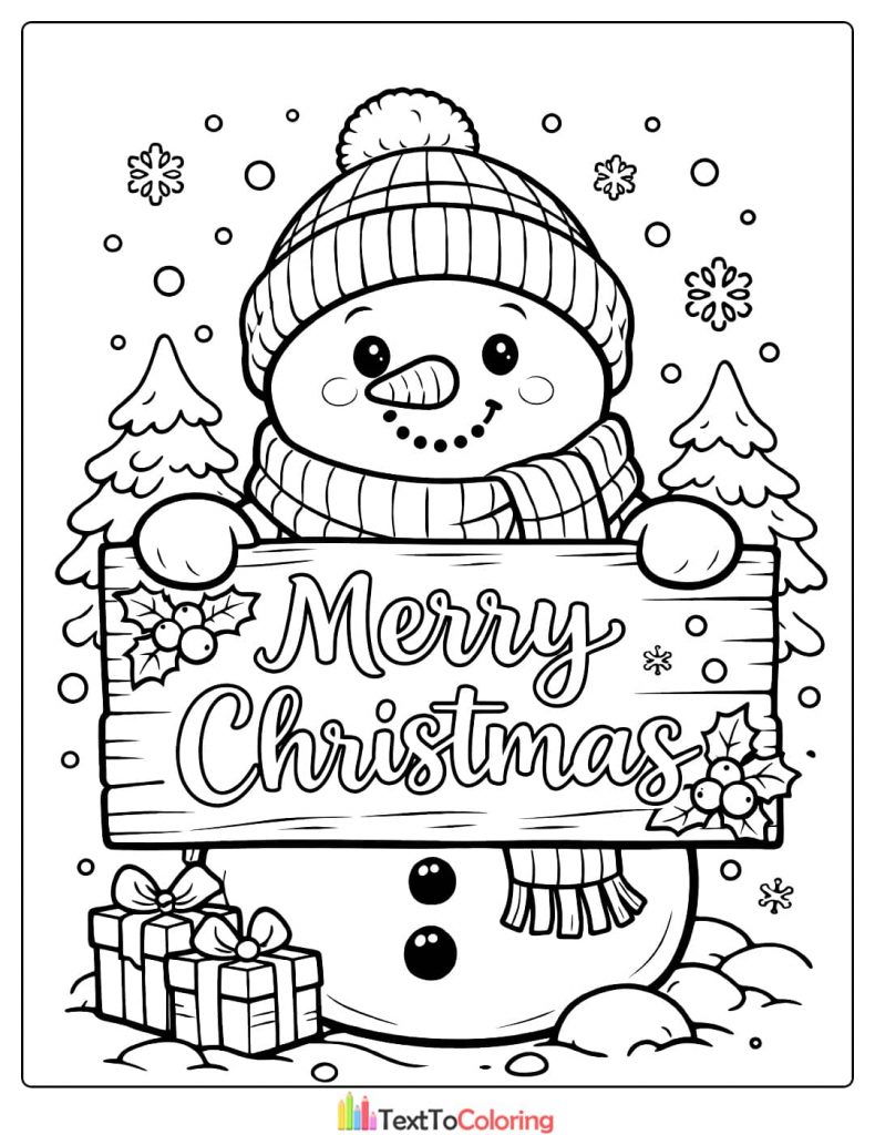 Snowman Merry Christmas sign coloring page
