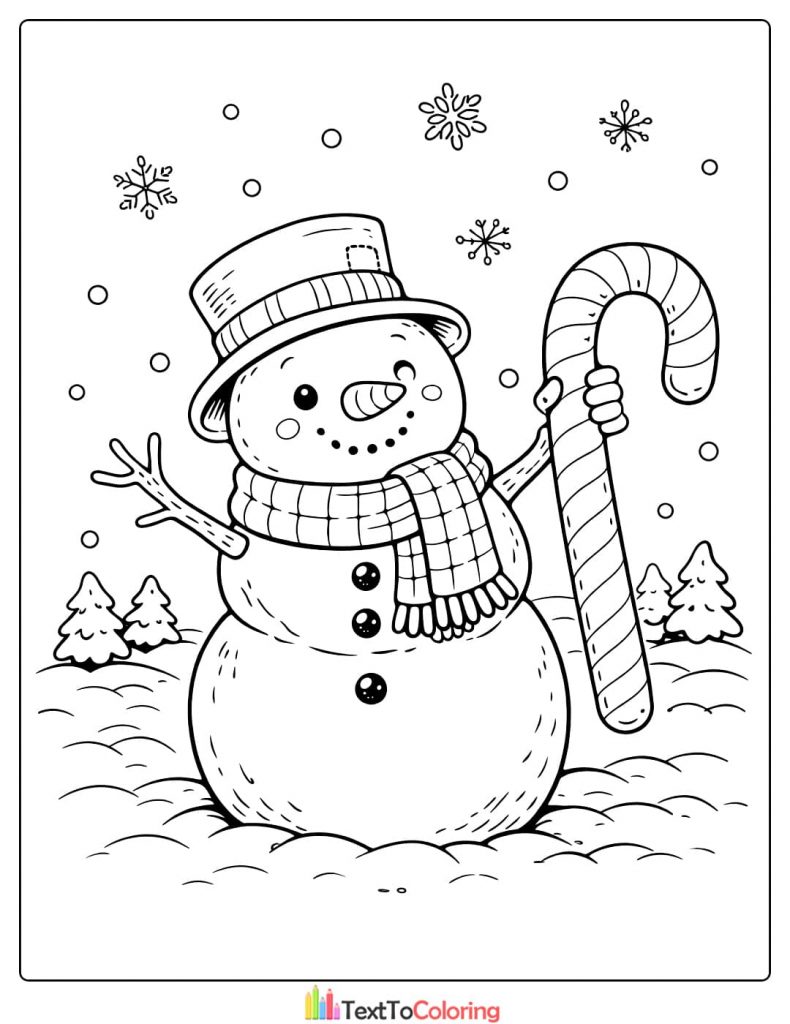 Snowman candy cane coloring page