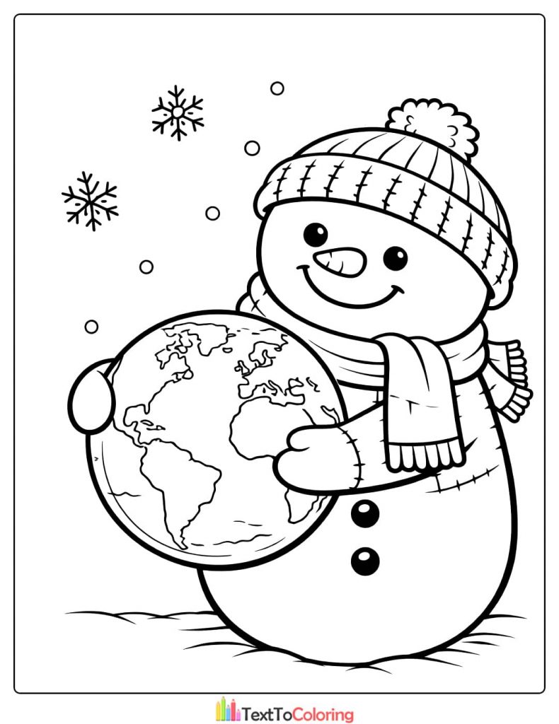 Snowman holding globe coloring page