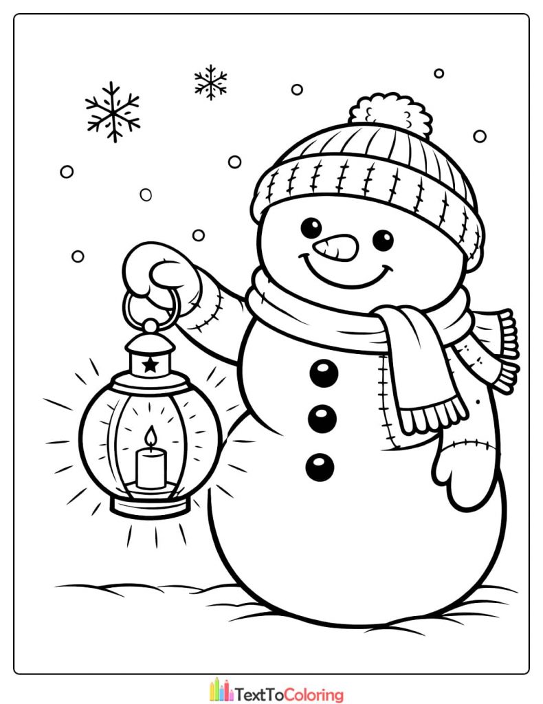 Snowman with lantern coloring page