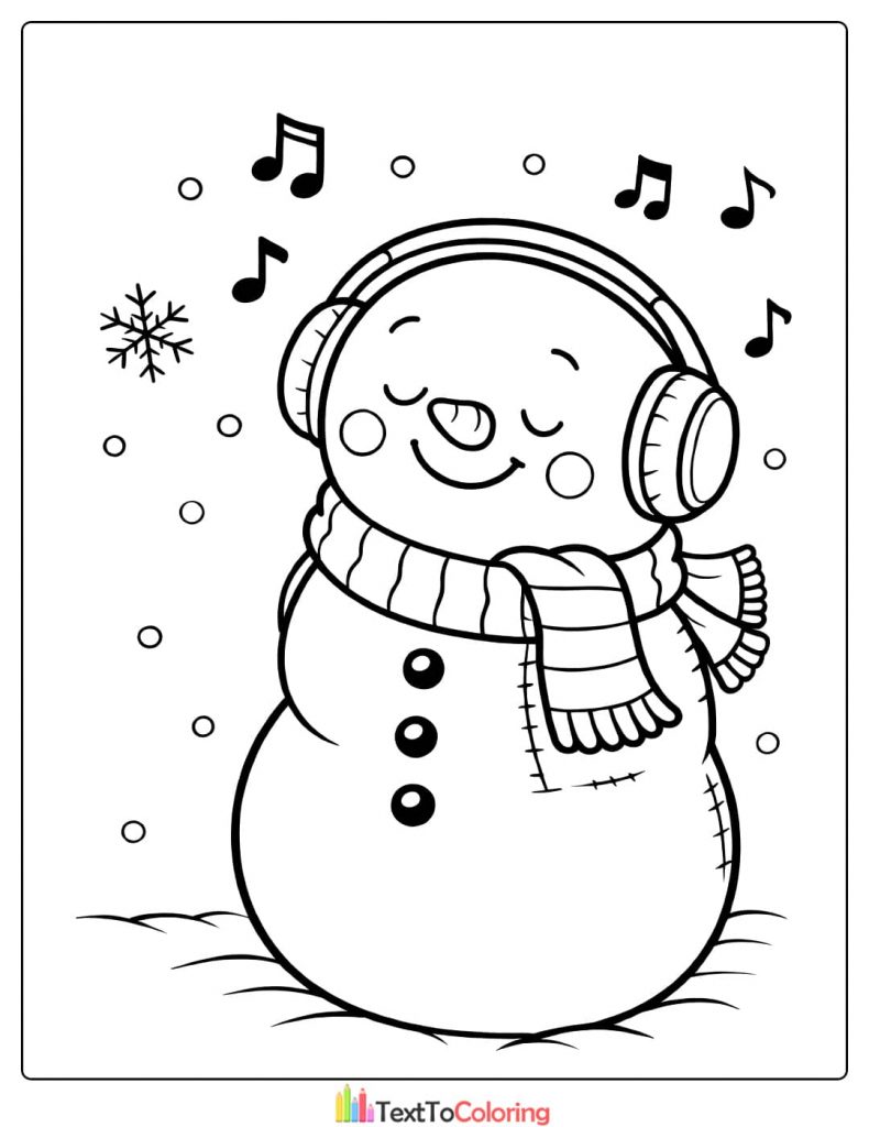 Snowman listening music coloring page
