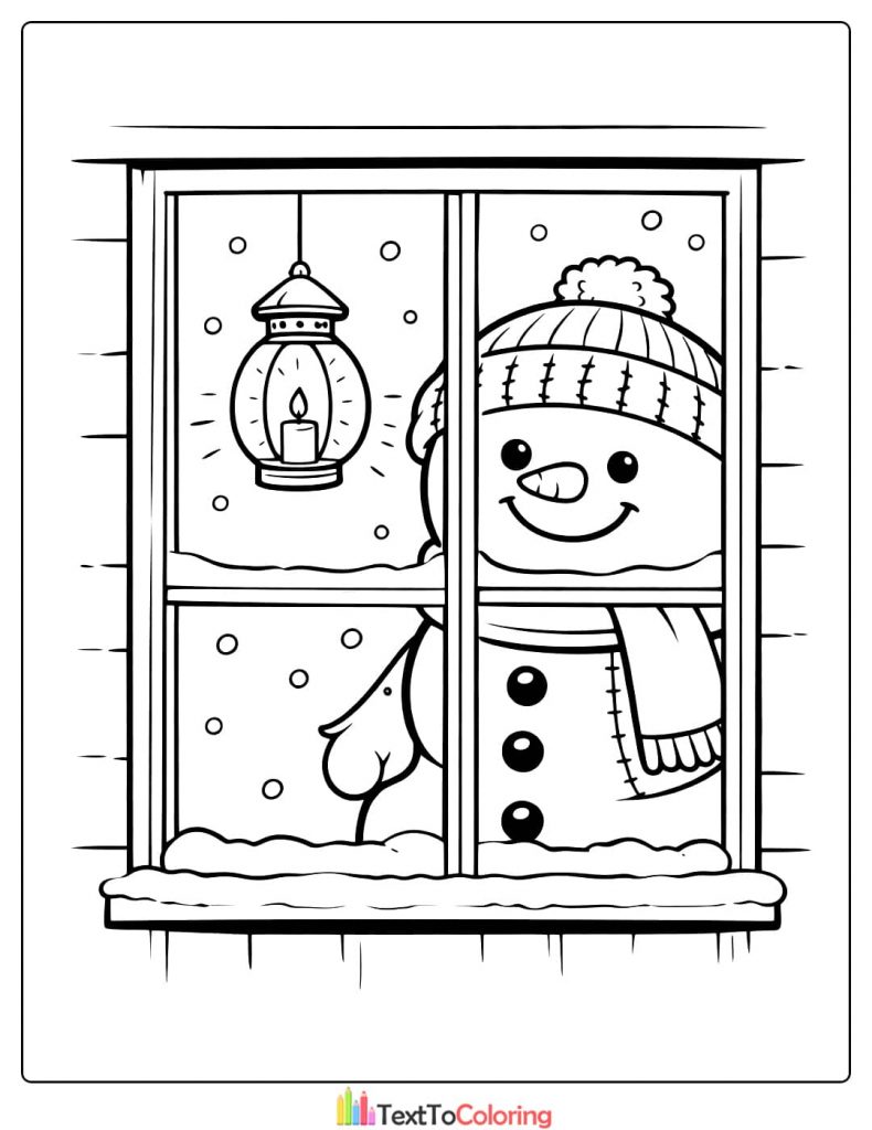 Snowman window winter coloring page