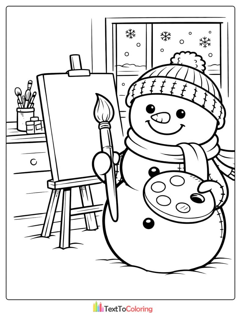 Snowman artist coloring page winter