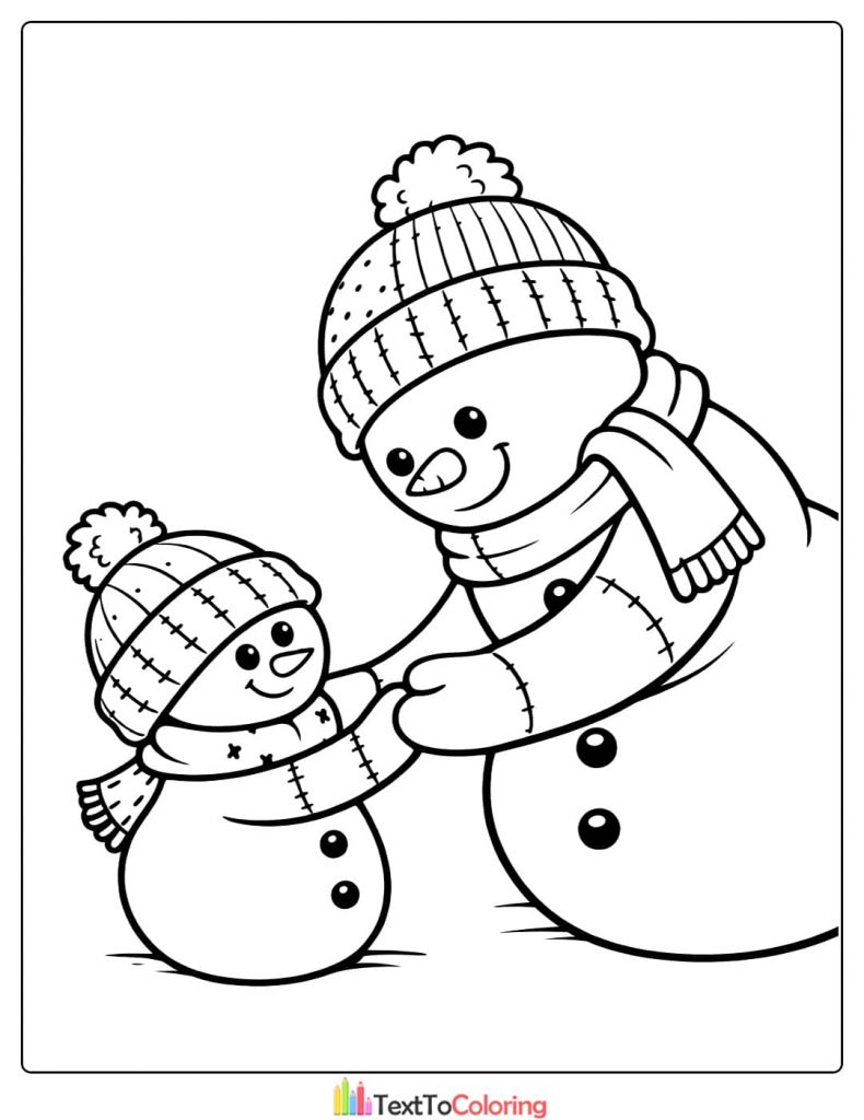 Snowman family coloring page winter scene
