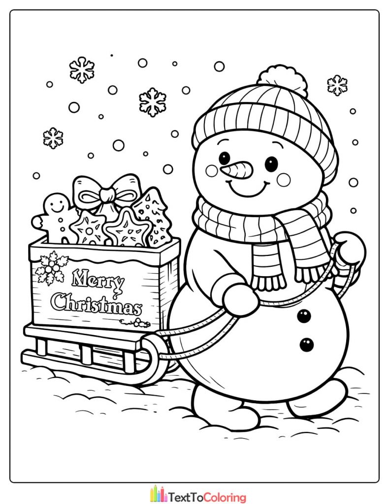 Snowman pulling cookie sled coloring page