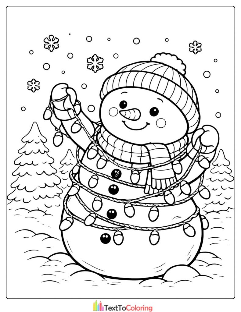 Snowman tangled in lights coloring page