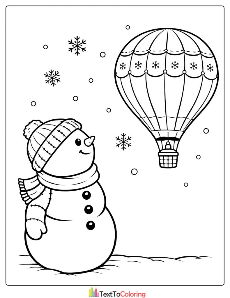 Snowman hot air balloon coloring page