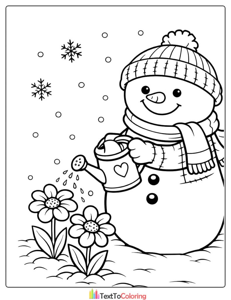 Snowman winter garden coloring page