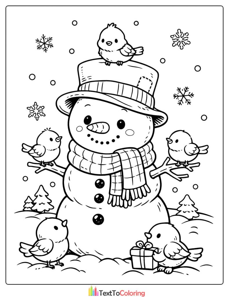 Snowman with birds coloring page