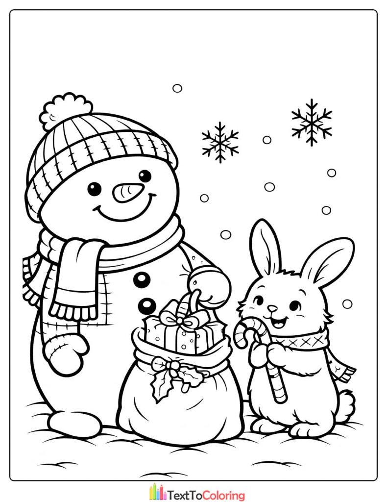 Snowman bunny gift coloring page