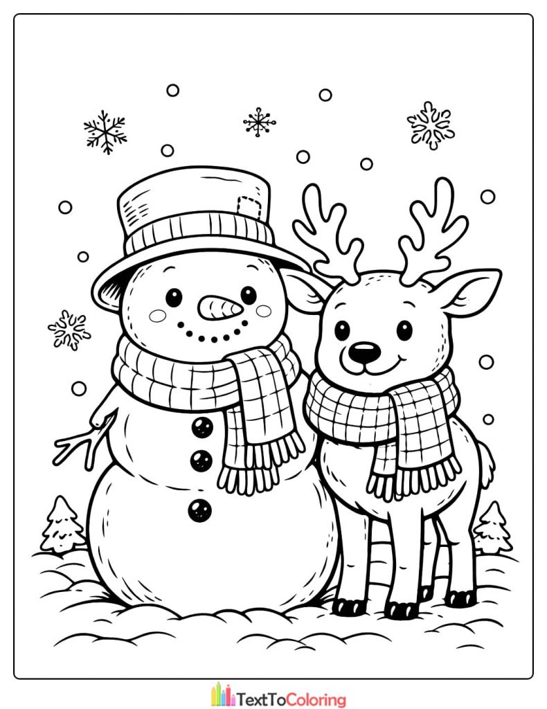 Snowman and reindeer coloring page