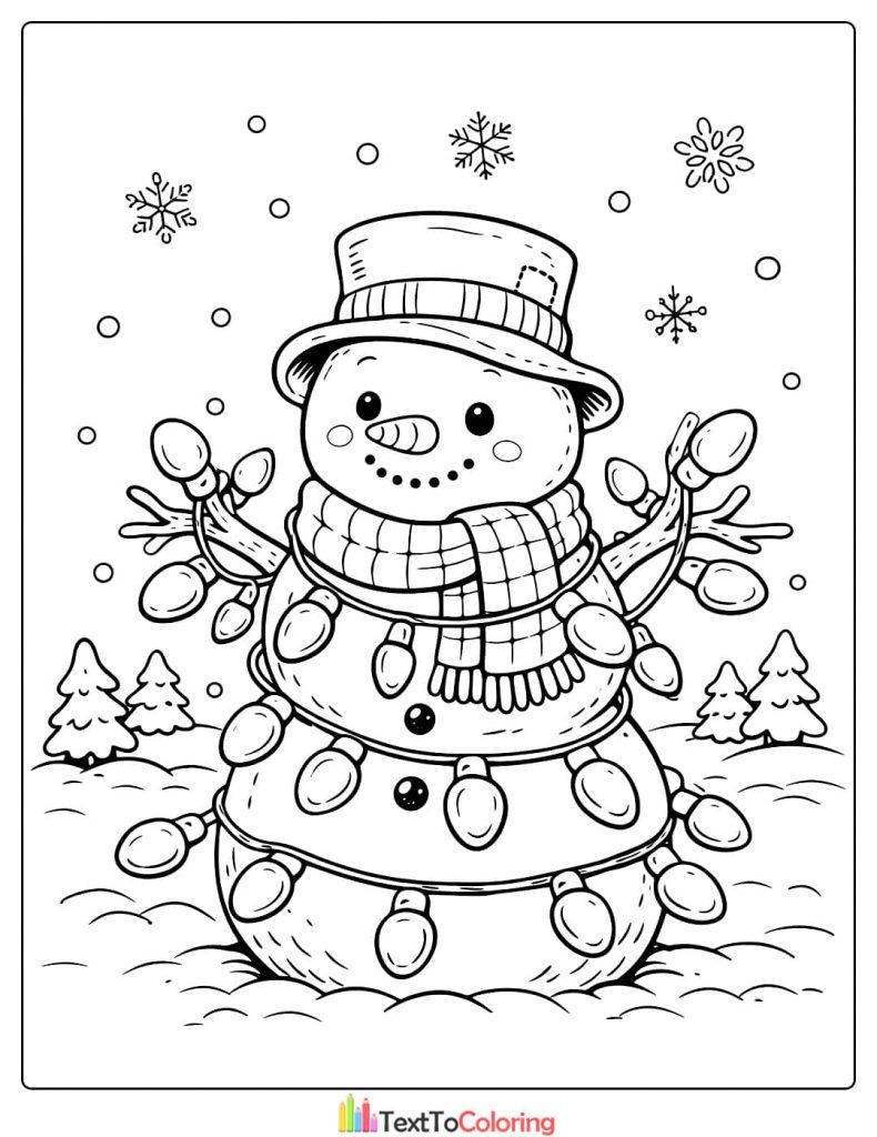 Snowman wrapped lights coloring page