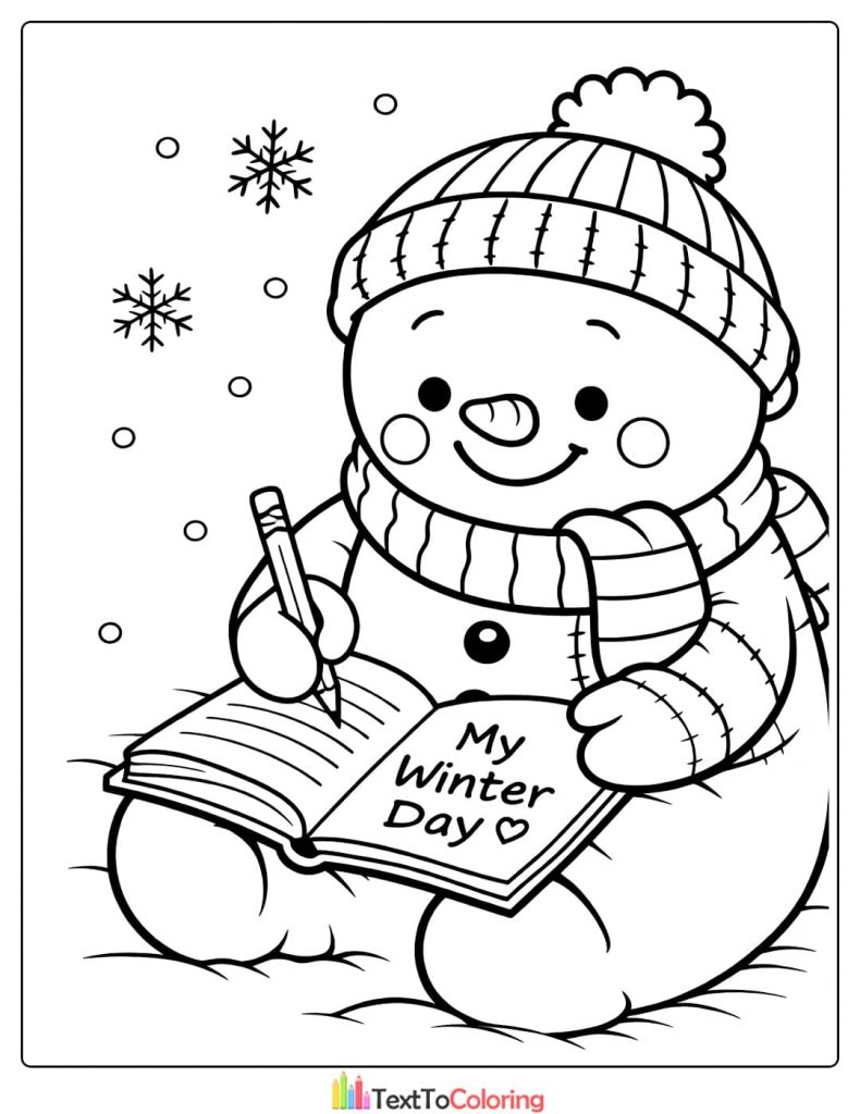 Snowman writing winter diary coloring page
