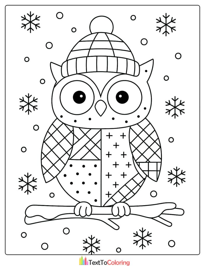 Cute owl wearing a winter hat sitting on a branch with a patchwork pattern on its body coloring page