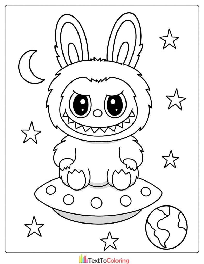 Labubu monster with bunny ears sitting on a flying saucer UFO in outer space coloring design