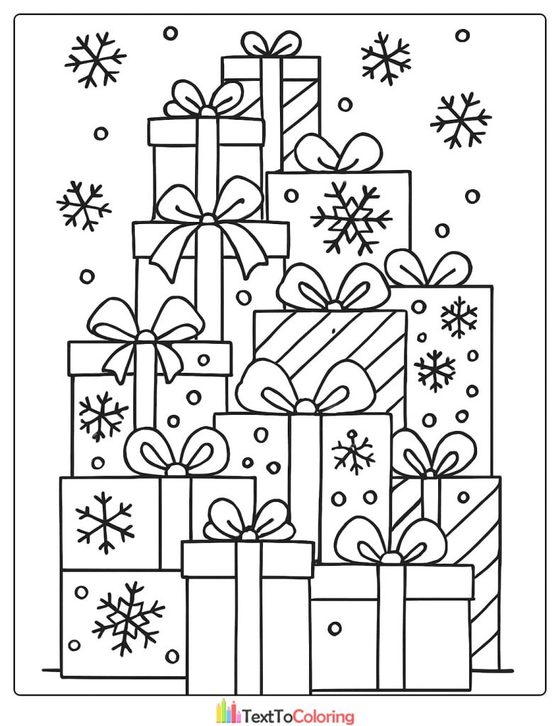 Christmas Coloring Page with a tall pile of beautifully wrapped gifts and falling snowflakes