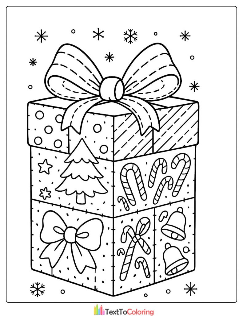 Large stacked Christmas presents decorated with patchwork patterns bows candy canes and a Christmas tree