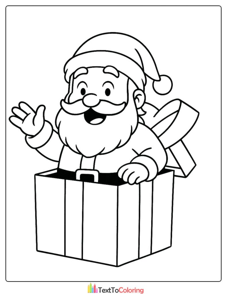 Happy Santa Claus popping out of a large Christmas present box coloring page