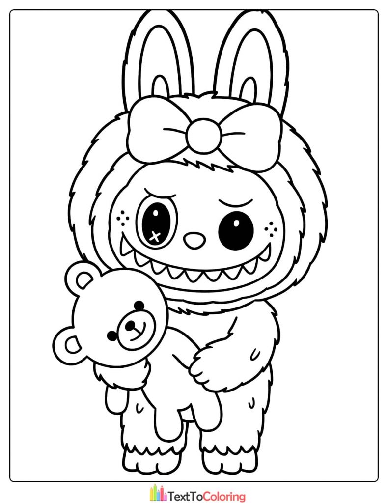 Female Labubu with a bow holding a small teddy bear coloring sheet