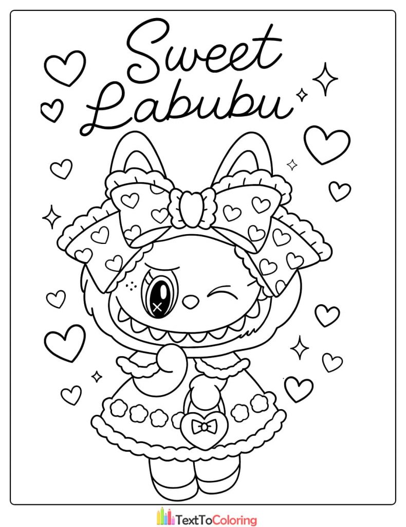 Labubu in a sweet dress winking holding a heart purse surrounded by hearts coloring sheet