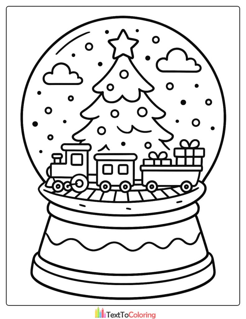 Christmas Coloring Page of a toy train carrying gifts circling a Christmas tree inside a classic snow globe