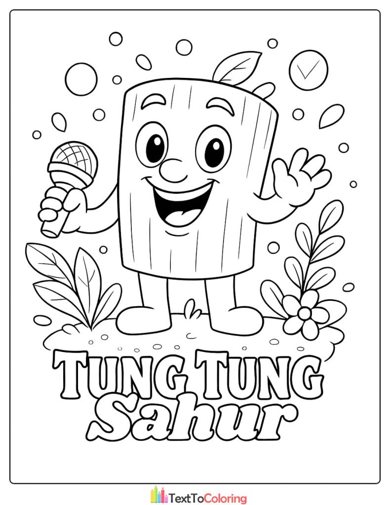Tung Tung Sahur Coloring Page Wood Log Singing with Microphone