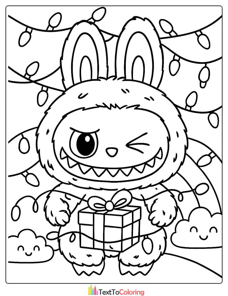 Labubu winking and holding a wrapped present tangled in Christmas string lights coloring image