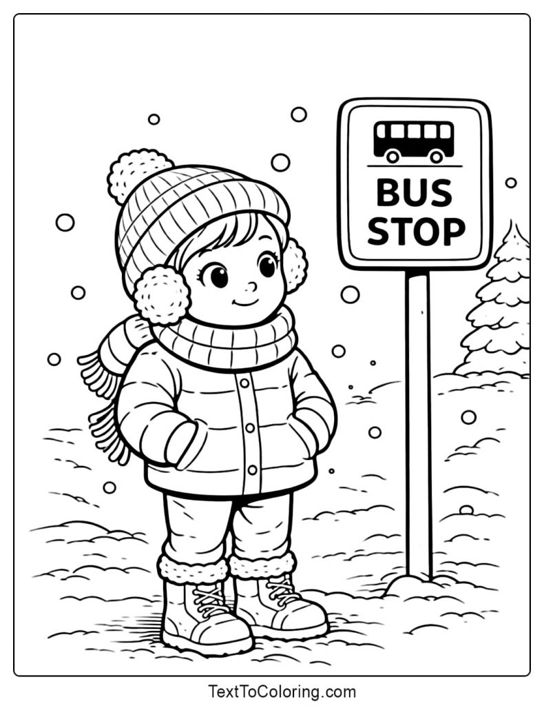 Child Waiting At Bus Stop Winter Coloring Pages