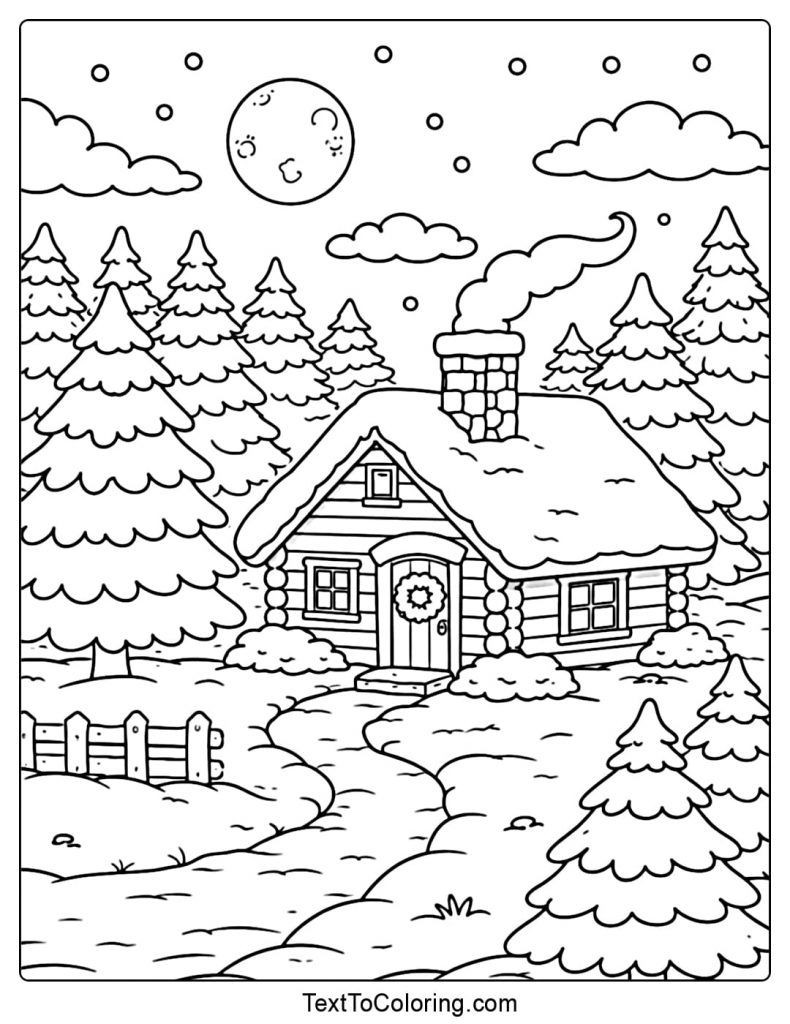 Cozy Winter Cabin In Snow Coloring Pages