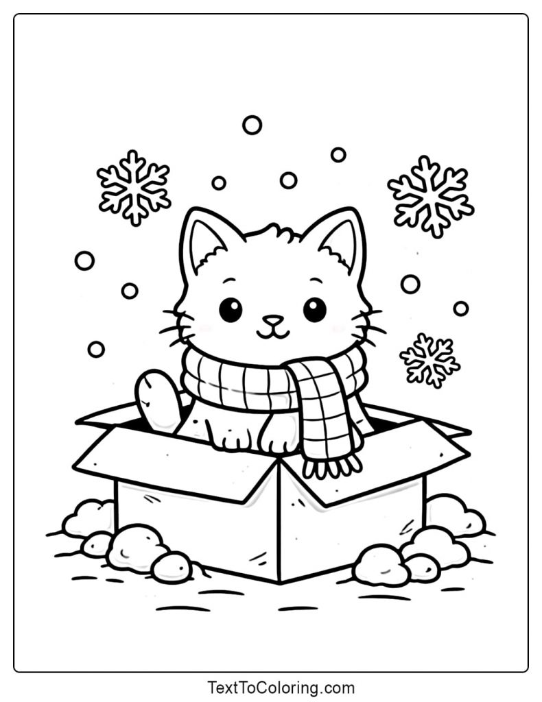 Cute Cat In Box Winter Coloring Pages