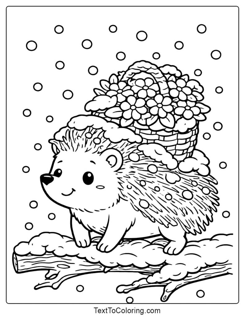 Hedgehog Carrying Flowers Winter Coloring Pages