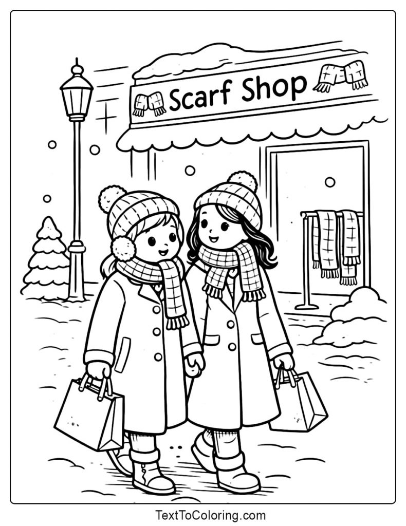 Girls Shopping At Scarf Shop Winter Coloring Pages