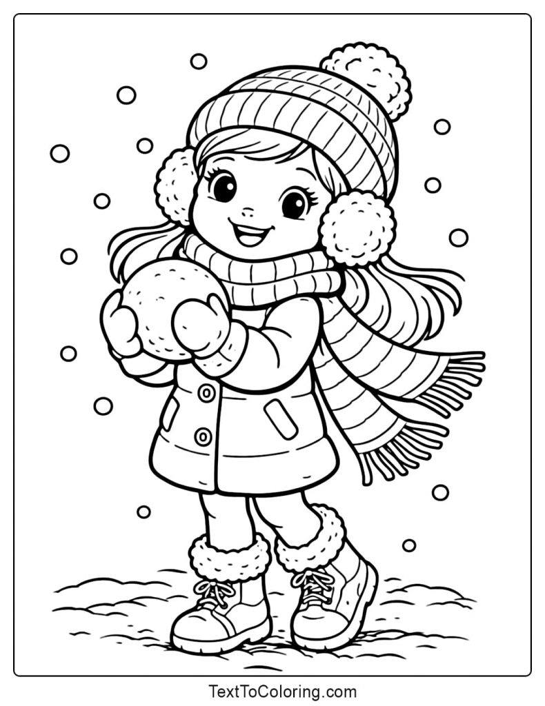 Girl Holding Snowball Winter Coloring Pages
