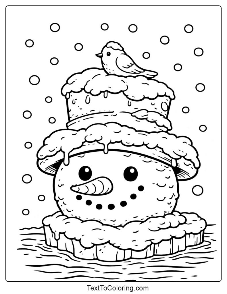 Snowman With Bird Winter Coloring Pages