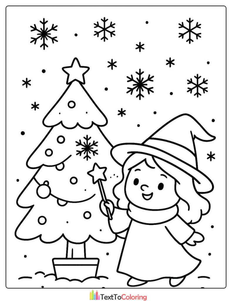 Cute Christmas Tree Coloring Page with Girl in Witch Hat Magic Wand