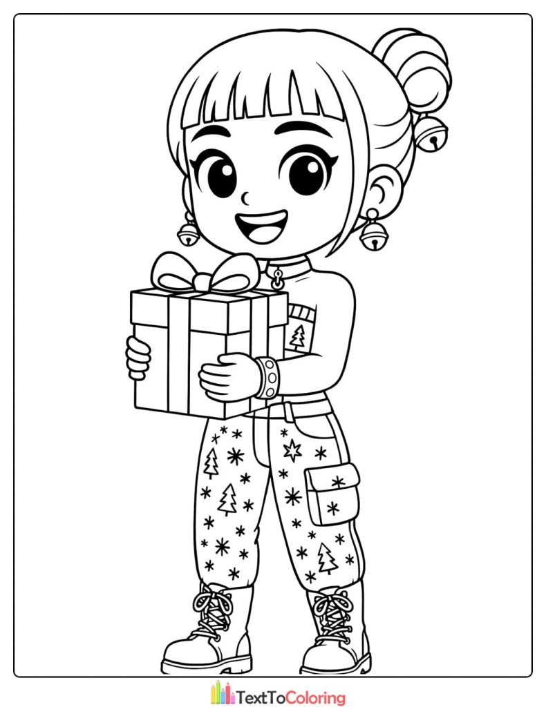 Chibi Zoey holding a gift box in festive outfit Kpop Demon Hunters Coloring Pages